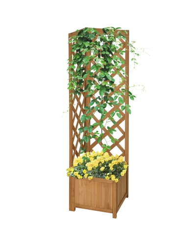 Brown Fir Wood Garden Planter with Trellis for Climbing Plants and Decorations, 40x40x145 cm