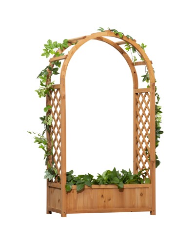  Fioriera da Esterno a Fondo Cavo in Abete Marrone con Arco Decorativo e Grate per Rampicanti, 83x36x152 cm