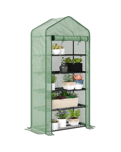 5-Tier Greenhouse with Roll-Up Door, Steel and Polyethylene, 90x49x193 cm, Green
