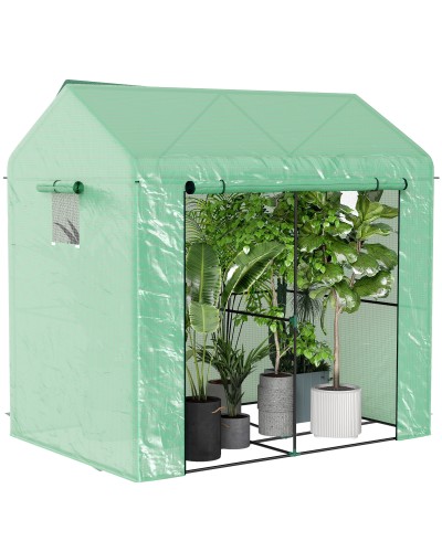 2-Section Cottage Greenhouse with Door and Roll-Up Windows, Steel and PE, 200x140x200 cm, Green