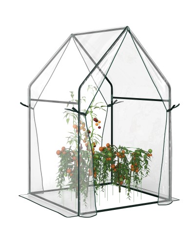 Mini Garden Greenhouse with 2 Roll-Up Doors and PE Cover 90x90x145cm, Transparent