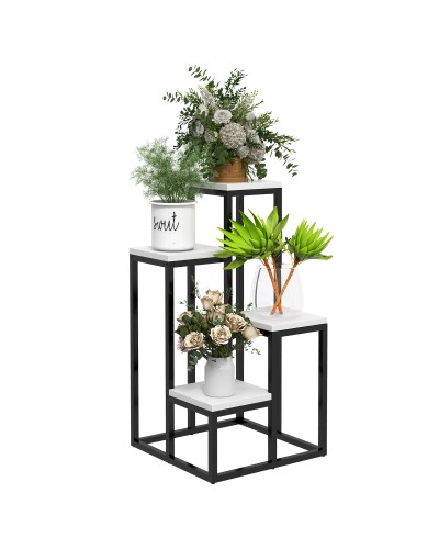 4-Tier Steel and Wood Plant Stand, 34x34x70cm, Black and White