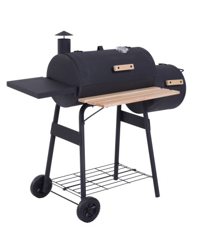 Charcoal BBQ Grill with Lid and Smoker, Garden Barbecue with Shelves and Wheels 124x53x104 cm, Black