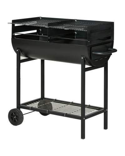  Barbecue in Acciaio con 2 Griglie Indipendenti, 2 Ruote e Ripiano Inferiore | Nero | 90cm x 45cm x 96cm