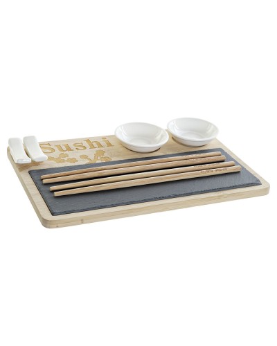 DKD Home Decor Sushi Set 9 Pieces | White Black Natural Bamboo Slate | Modern Oriental | 28.5 x 18.5 x 2.6 cm
