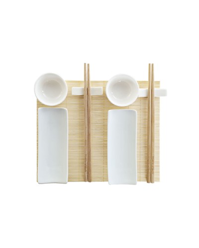 Sushiset DKD Home Decor Bambu Stengods Vit Naturell Orientalisk 28,5 x 19,5 x 3,3 cm (9 Delar) (28,5 x 19,5 x 3,3 cm)