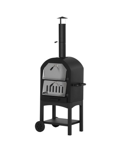  Forno per Pizza e Barbecue a Carbone Portatile in Acciaio con Camino e Ruote, 63x54x161 cm, Nero