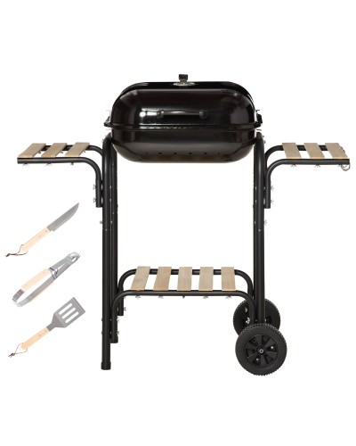 Charcoal BBQ Grill with Lid, Shelves and Wheels, Includes Spatula, Tongs and Knife, Black