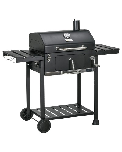  Barbecue a Carbone con Coperchio con Termometro, Griglia Regolabile, Ruote e Tavolini, Nero