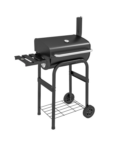 Charcoal BBQ Grill with Lid, Thermometer & Chimney, Shelves & Wheels, Black