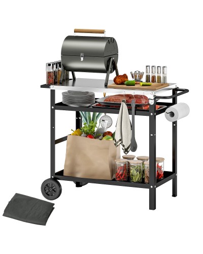  Carrello per Barbecue con Piano in Acciaio e Ripiano Regolabile, Ruote e Ganci, 100x52x80 cm, Nero