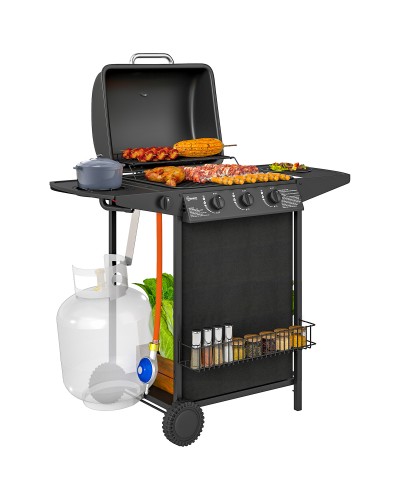  Barbecue a Gas con 4 Bruciatori Indipendenti e Coperchio con Termometro, 108x54x97 cm, Nero