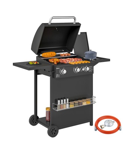 Gas BBQ with Independent Burners, Thermometer Lid & Side Table, Black