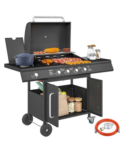Gas BBQ Grill with Side Burner, Table, and Cabinet, Steel & PP, 129.5x56x110 cm, Black