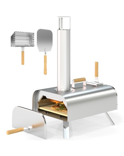 Wood Pellet Pizza Oven with Pizza Stone and Peel, Stainless Steel, 79x36x75 cm, Silver