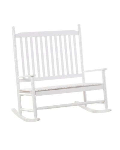  Sedia a Dondolo 2 Posti in Legno con Schienale Alto e Braccioli, 117x85x120 cm, Bianco