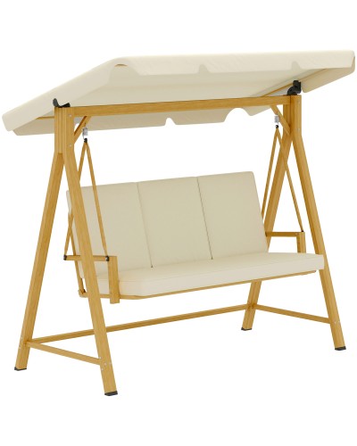  Dondolo da Giardino 3 Posti con Tettuccio Regolabile e Cuscini, 195x120x170 cm, Beige