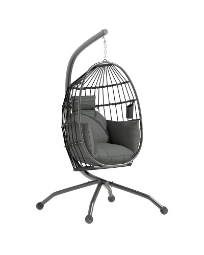 Hanging Egg Chair with Adjustable Hook, 2 Cushions and Basket, Steel, 120x88x192 cm, Black and Gray