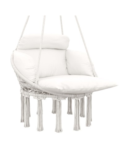  Poltrona Sospesa in Stile Boho con Cuscino, in Acciaio, Cotone e Poliestere, 80x60x40 cm, Bianco Crema