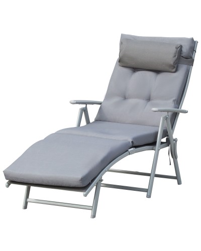  Sdraio da Giardino Pieghevole con Materassino e Cuscino, Schienale con 7 Reclinazioni, 137x63.5x100.5cm, Grigio