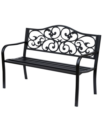 2-Seat Garden Bench with Decorative Cast Iron and Metal Backrest, 127x60x89cm, Black