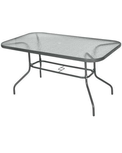  Tavolo da Giardino con Foro per Ombrellone, Arredamento da Esterno in Metallo e Vetro 140x80x70cm Grigio