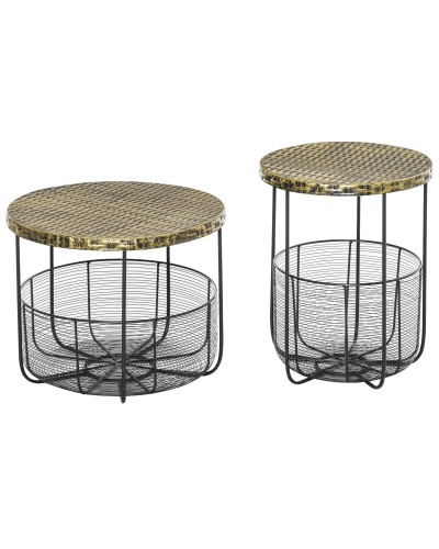  Set di 2 Tavolini da Giardino in Metallo con Ceste, Arredamento da Esterno Stile Industriale Nero