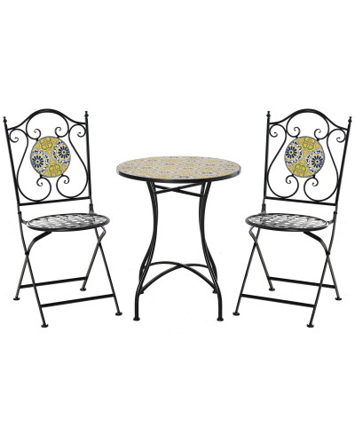 3-Piece Balcony Table and Chairs Set, Folding Metal Garden Set with Colorful Maiolica Tiles, Multicolor