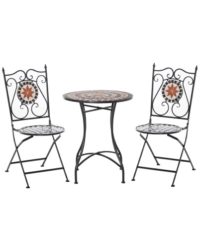  Mobili da Giardino Set da 3 Pezzi con 2 Sedie Pieghevoli e 1 Tavolino, in Metallo e Ceramica