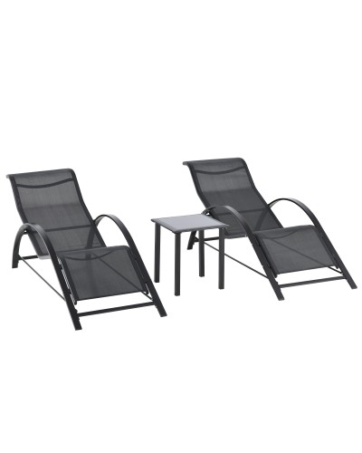 2 Sun Loungers & Side Table Set, Breathable Fabric & Metal, 59x169x66 cm, Black
