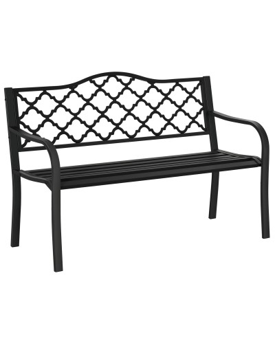 Outdoor 2-Seater Steel and Cast Iron Bench with Armrests and Decorated Backrest, 128x58.5x89cm, Black