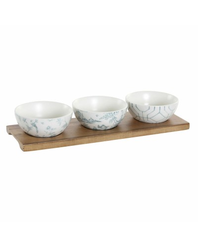 Set voor voorgerechtjes DKD Home Decor Wit Marineblauw Porselein Acacia Plastic Orientaals 4 Onderdelen 30 x 9,5 x 1,3 cm