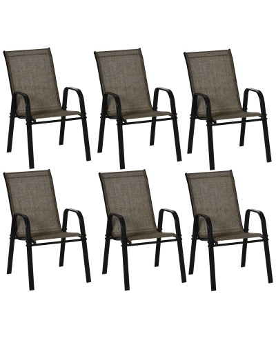 Garden Chairs 6 Piece Set, Stackable Outdoor Metal and Breathable Fabric Chairs, Brown