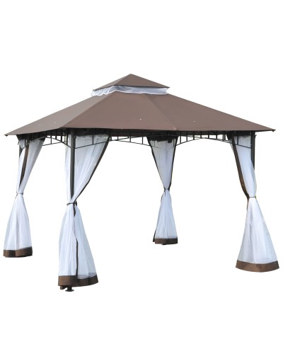  Gazebo da Giardino 3x3m con Zanzariera, Tetto a 2 Livelli e Struttura in Metallo Marrone
