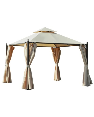  Gazebo da Giardino 3 x 3m con 4 Tende Laterali e Doppio Tetto Beige