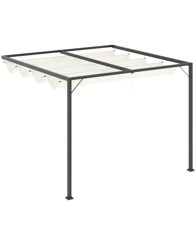  Gazebo Pergola 3x3m da Giardino in Metallo con Tettuccio Scorrevole Bianco Crema, Pergola da Giardino a Parete