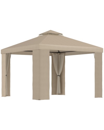 3x3m Metal Garden Gazebo with Mosquito Net and Khaki Polyester Two-Tier Roof