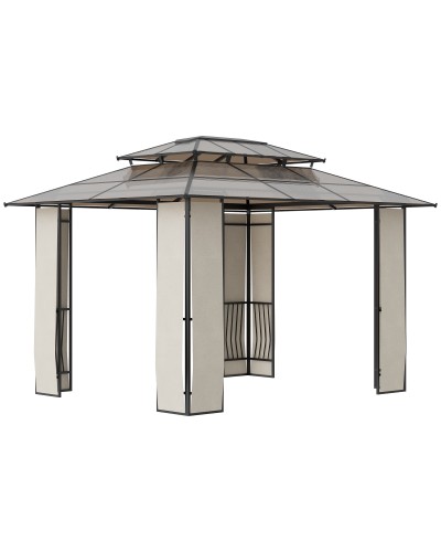 Gazebo da Giardino 3.7x3m con Tetto in Policarbonato a 2 Livelli, Acciaio e Alluminio, Marrone