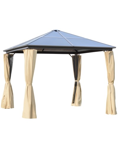 3x3m Garden Gazebo with Polycarbonate Roof and Mosquito Nets, Coffee & Khaki