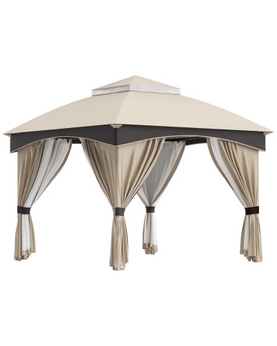  Gazebo da Giardino 3x3m in Acciaio con Doppio Tettuccio e Tende, Beige e Grigio
