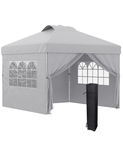  Gazebo Pieghevole 3x3 m con Altezza Regolabile su 3 Livelli, Finestre e Borsa di Trasporto, Grigio Chiaro
