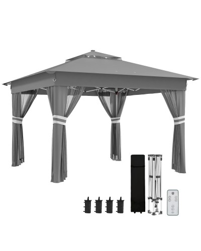 Adjustable Height Garden Gazebo with LED Lights, Steel Frame, Oxford Fabric, 336x336x250-270 cm, Grey