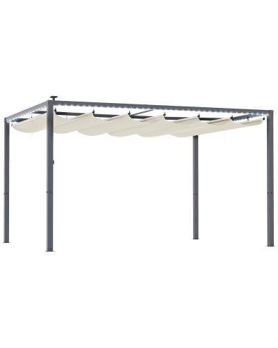  Pergola per Giardino Retrattile 4x3 m con Luci LED e Fori di Drenaggio, in Alluminio e Poliestere, Bianco Crema