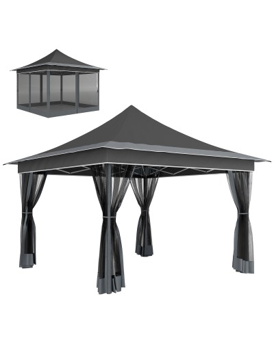  Gazebo da Giardino ad Altezza Regolabile con Zanzariera, in Poliestere e Metallo, 357x357x310 cm, Grigio Scuro