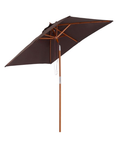 Rectangular Tilt Patio Umbrella 2x1.5 m with 6 Ribs and Rope Opening, Bamboo and Coffee Polyester