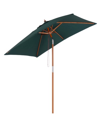  Ombrellone da Giardino 2x1.5 m Inclinabile a 6 Stecche con Palo in Legno e Apertura a Corda, Verde