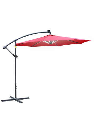  Ombrellone da Giardino a Braccio Ø3x2.4  m con Manovella e 8 Strisce LED a Energia Solare, Rosso scuro