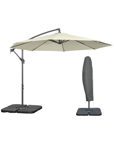  Ombrellone Decentrato a 6 Stecche con Manovella e Base a Croce, in Metallo e Poliestere, Ø292x247 cm, Beige