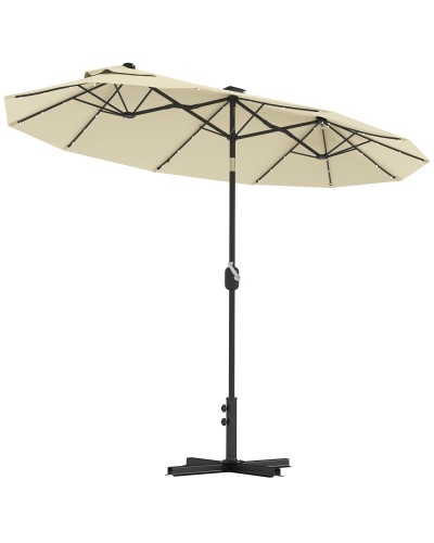  Ombrellone Doppio con Luci LED e Base a Croce, in Poliestere e Acciaio, 295x150x219 cm, Bianco Crema