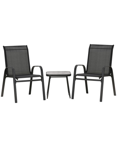  Set da Giardino 3 Pezzi con Tavolino e 2 Sedie Impilabili, in Acciaio e Tessuto Traforato, Nero